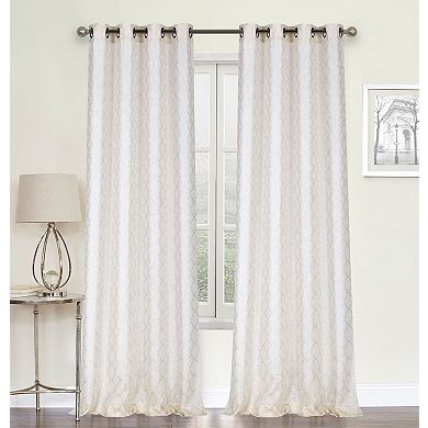 Kate Aurora 2 Piece Silver Sparkly Semi Sheer Trellis Quatrefoil Grommet Top Window Curtain Panels
