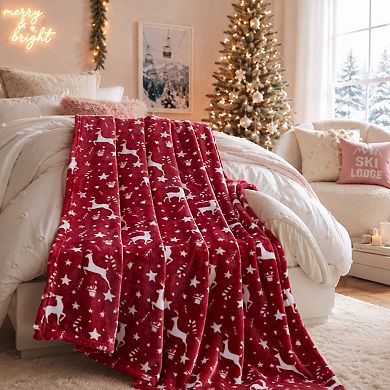Kate Aurora Candy Canes and Christmas Reindeer Ultra Soft and Plush Accent Throw Blanket