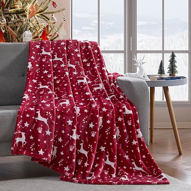 Kate Aurora Candy Canes and Christmas Reindeer Ultra Soft and Plush Accent Throw Blanket