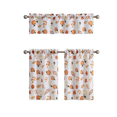 Kate Aurora 3 Piece Fall Autumn Harvest Pumpkins and Leaves Kitchen Curtain Tier and Valance Set