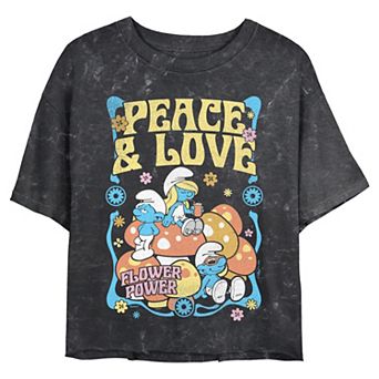 Juniors' Smurfs Peace And Love Flower Power Cropped Graphic Tee