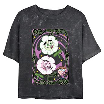 Juniors' Fairly Oddparents Spring Flowers Card Cropped Graphic Tee