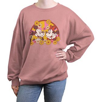 Disney's Mickey Mouse And Minnie Mouse Floral Love Juniors' Oversized Graphic Pullover
