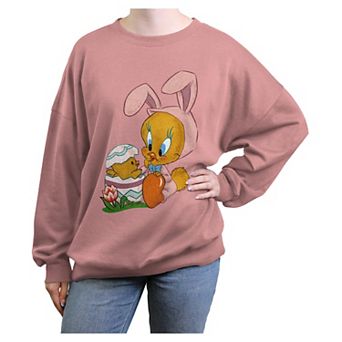 Juniors' Looney Tunes Tweety Bird Easter Bunny And Egg Oversized Graphic Pullover