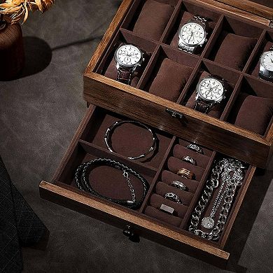 2-tier Watch Display Case With Large Glass Lid, 8-slot Watch Case With Pillows, For Men