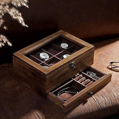 2-tier Watch Display Case With Large Glass Lid, 8-slot Watch Case With Pillows, For Men