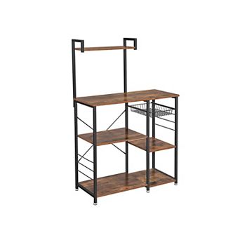 Baker’s Rack With Shelves, Kitchen Shelf With Wire Basket, 6 S-hooks, Microwave Oven Stand