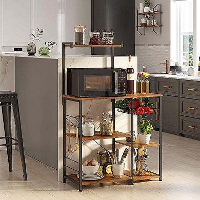 Baker’s Rack With Shelves, Kitchen Shelf With Wire Basket, 6 S-hooks, Microwave Oven Stand