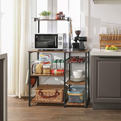 Baker’s Rack With Shelves, Kitchen Shelf With Wire Basket, 6 S-hooks, Microwave Oven Stand