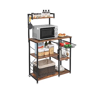 Baker’s Rack With Shelves, Kitchen Shelf With Wire Basket, 6 S-hooks, Microwave Oven Stand