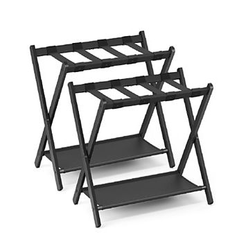 Luggage Rack for Guest Room, Suitcase Stand with Storage Shelf, Steel Frame, Foldable - Set of 2