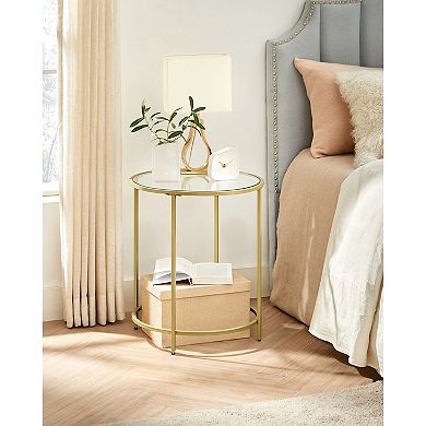Round Side Table, Glass End Table With Metal Frame, Small Coffee Accent Table, Bedside Table