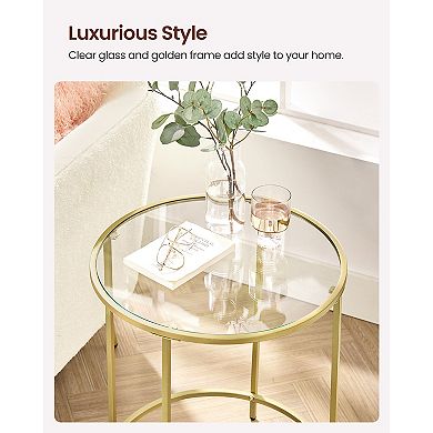Round Side Table, Glass End Table With Metal Frame, Small Coffee Accent Table, Bedside Table