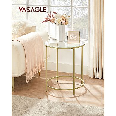 Round Side Table, Glass End Table With Metal Frame, Small Coffee Accent Table, Bedside Table