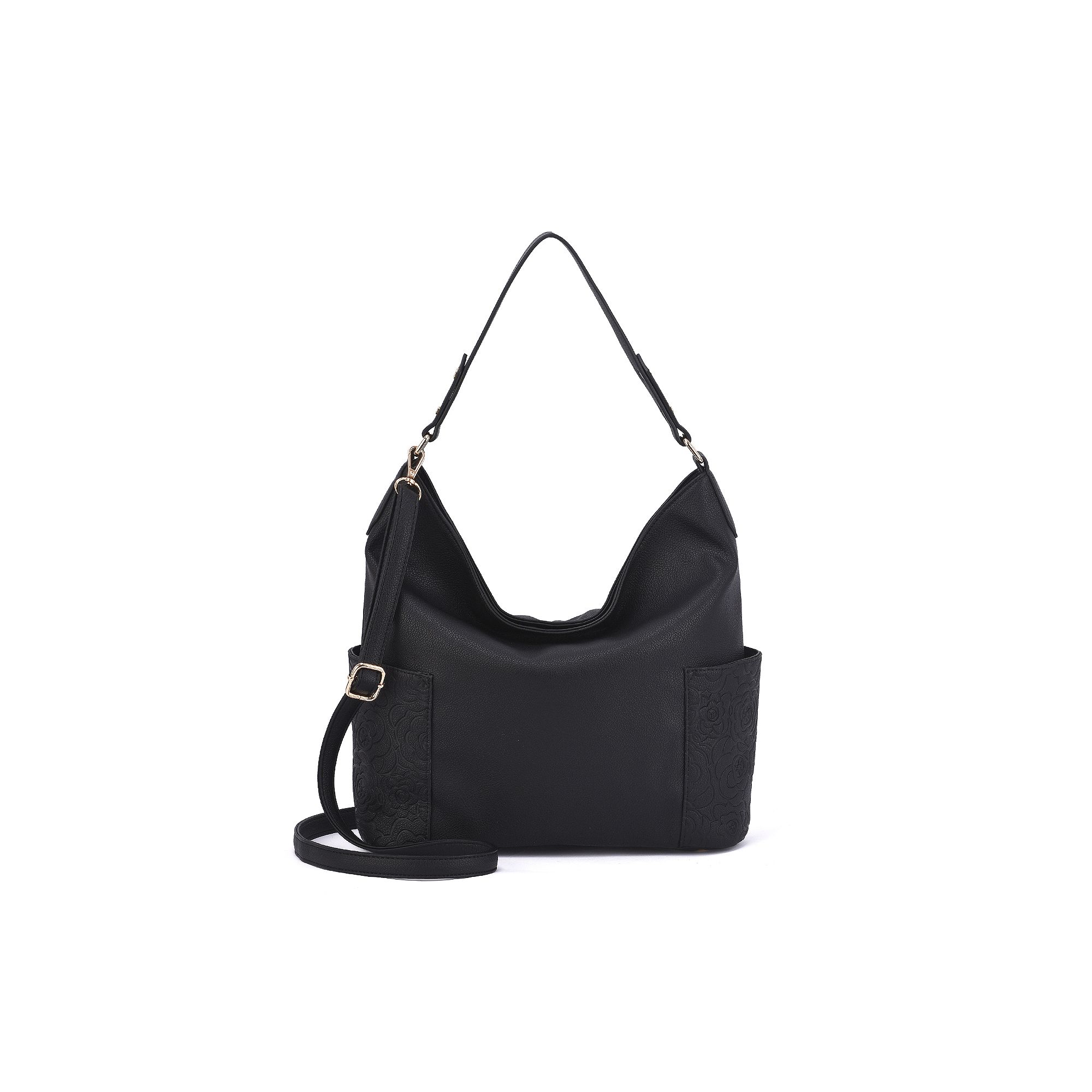 Mellow World Ryder Hobo Bag with Floral Embossed Pockets, Black