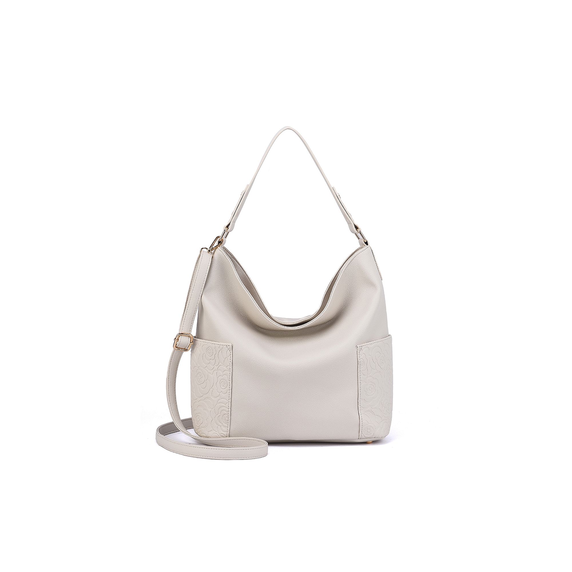 Mellow World Ryder Hobo Bag with Floral Embossed Pockets, Ivory