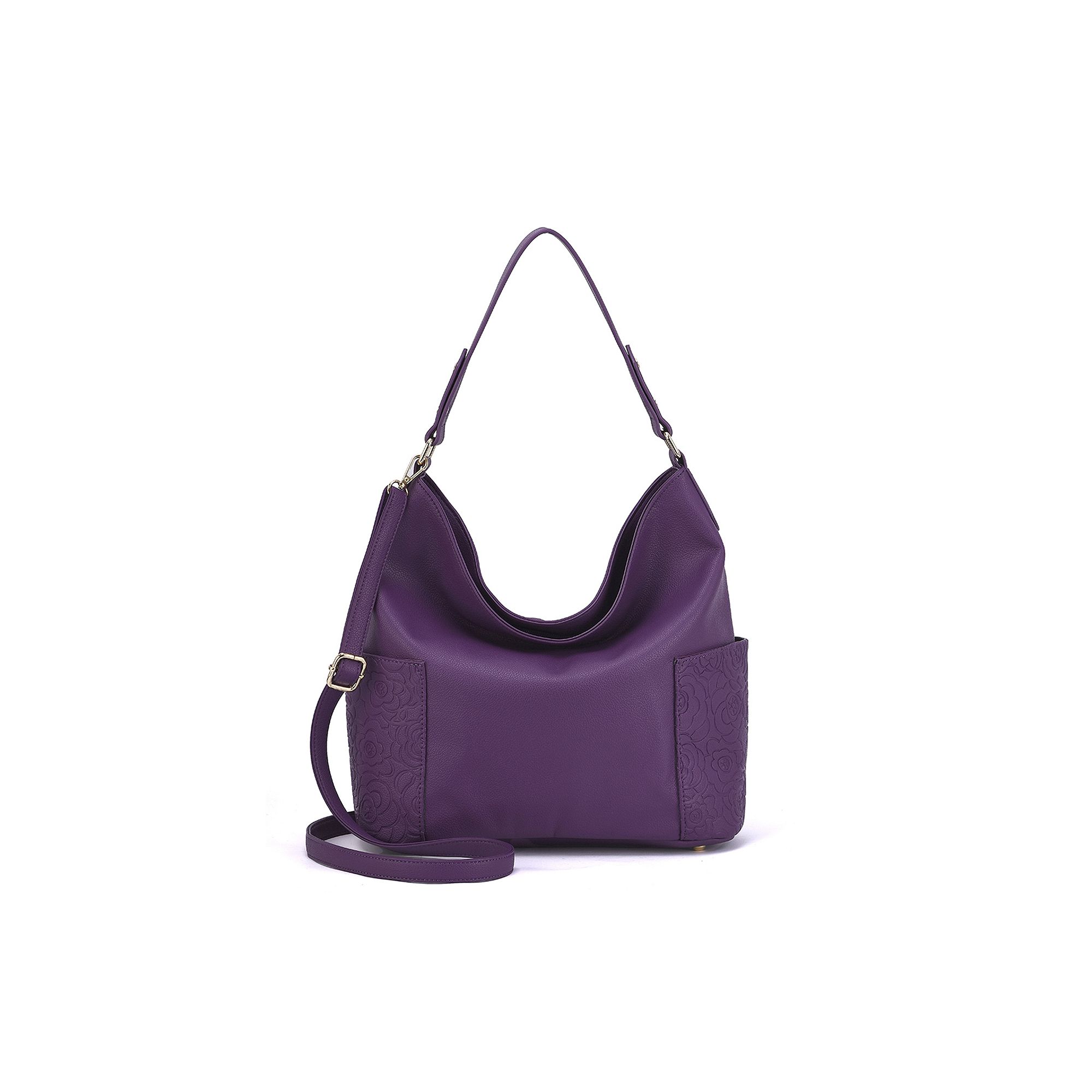 Mellow World Ryder Hobo Bag with Floral Embossed Pockets, Purple