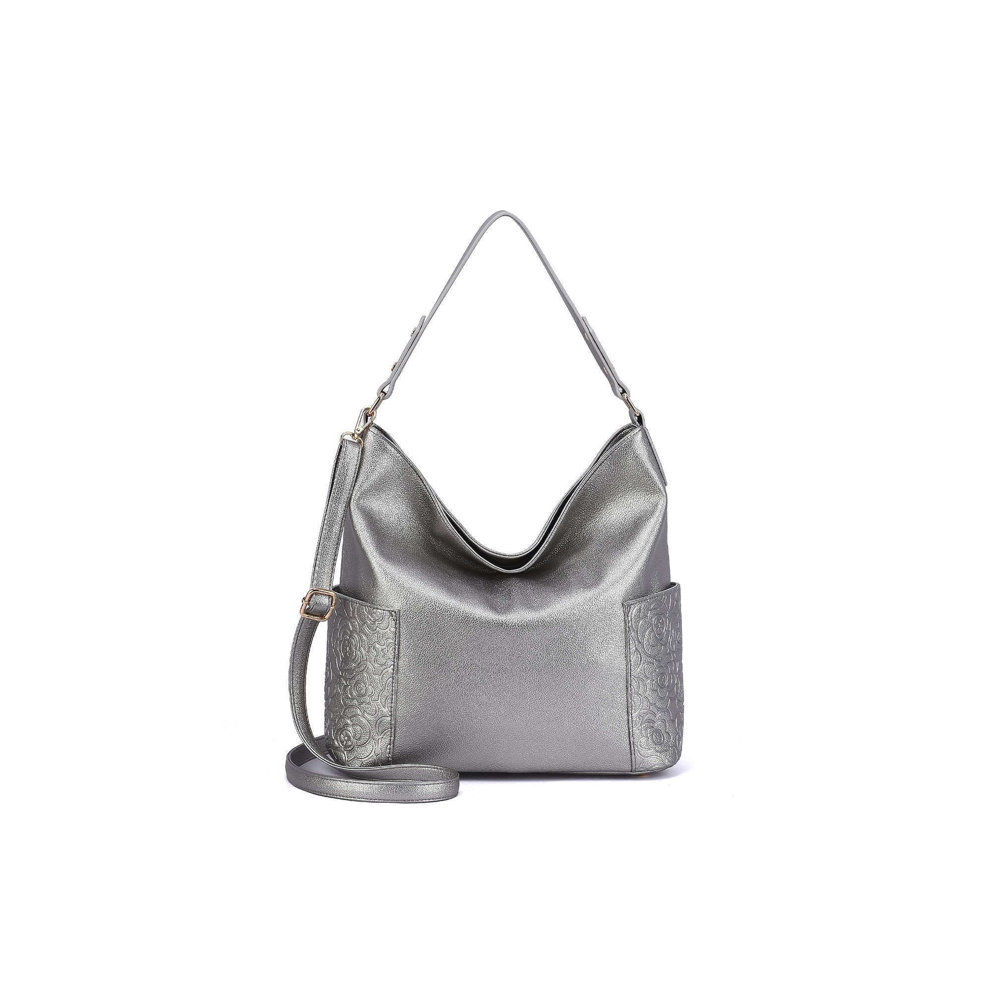 Mellow World Ryder Hobo Bag with Floral Embossed Pockets, Silver