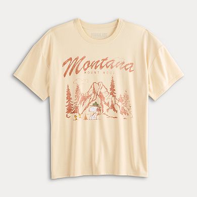 Juniors' Threads of Luxx Peanuts Snoopy Montana Mount Wood Oversized Graphic Tee