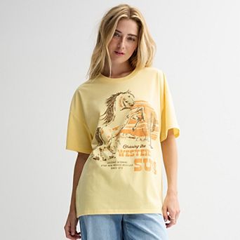 Juniors' Threads of Luxx Horse "Western Sun" Oversized Graphic Tee
