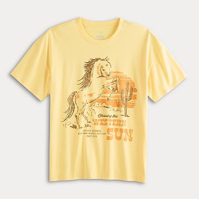 Juniors' Threads of Luxx Horse "Western Sun" Oversized Graphic Tee