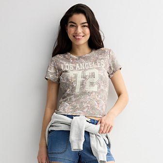 Juniors' Threads of Luxx Los Angeles Camo Graphic Baby Tee