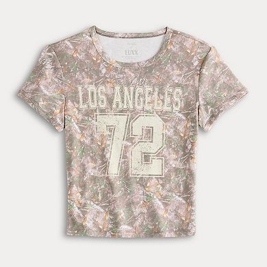 Juniors' Threads of Luxx Los Angeles Camo Graphic Baby Tee