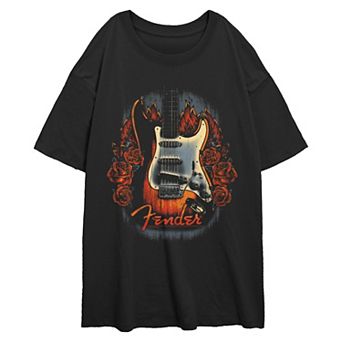 Juniors' Fender Flower Guitar Oversized Graphic Tee
