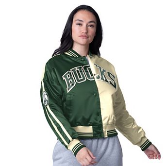 Women's Starter Cream/Hunter Green Milwaukee Bucks Zone Blitz Cropped Full-Snap Satin Jacket