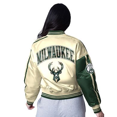 Women's Starter Cream/Hunter Green Milwaukee Bucks Zone Blitz Cropped Full-Snap Satin Jacket