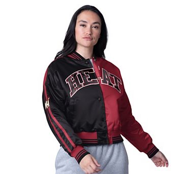 Women's Starter Red/Black Miami Heat Zone Blitz Cropped Full-Snap Satin Jacket