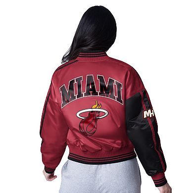 Women's Starter Red/Black Miami Heat Zone Blitz Cropped Full-Snap Satin Jacket