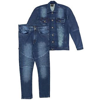 Men’s Denim Suit Standard Cut Biker Jacket With Slim Fit Biker Pants