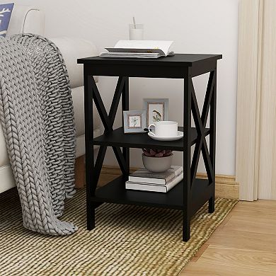 15.75 in. W. Black 24.02 in. H. Rectangle Wood End Table with Shelves