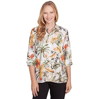 Petite Alfred Dunner Tropical Bird Button Down Shirt