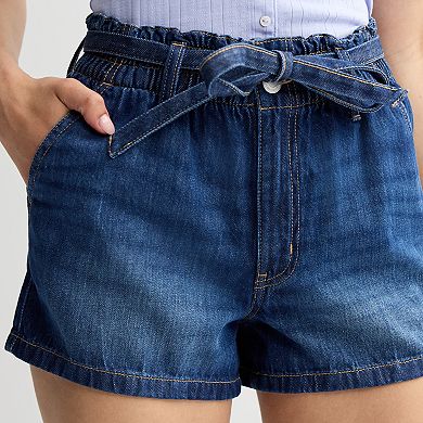 Juniors' SO® High Rise Belted Paperbag Waist Denim Shorts
