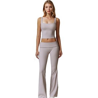 Women's Foldover Waist Flare Leg Yoga Pants in Ribbed Knit