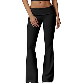 Women's Foldover Waist Flare Leg Yoga Pants in Ribbed Knit