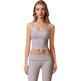 Women's Square Neck Ribbed Crop Tank Top with Wide Straps