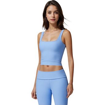 Women's Square Neck Ribbed Crop Tank Top with Wide Straps