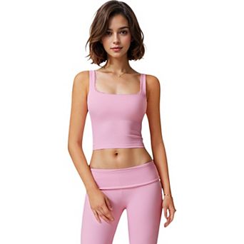 Women's Square Neck Ribbed Crop Tank Top with Wide Straps