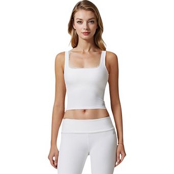 Women's Square Neck Ribbed Crop Tank Top with Wide Straps