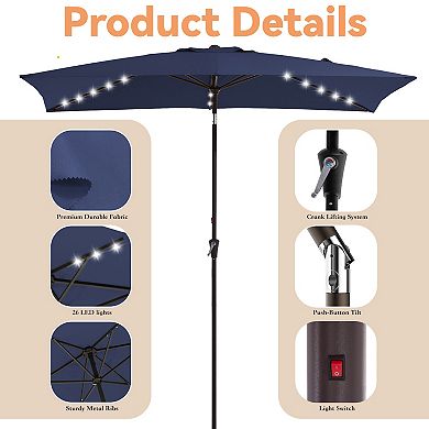 6.5 x 10ft Blue Rectangular Patio Market Umbrella with LED Lights,Crank & Push-button Tilt