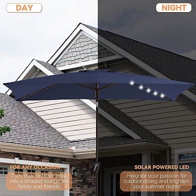 6.5 x 10ft Blue Rectangular Patio Market Umbrella with LED Lights,Crank & Push-button Tilt