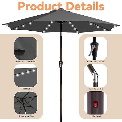 10ft Gray Patio Market Umbrella with LED Lights, Crank & Push-button Tilt