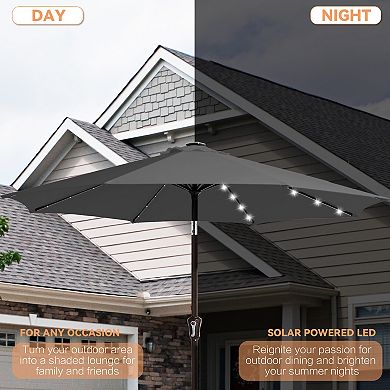10ft Gray Patio Market Umbrella with LED Lights, Crank & Push-button Tilt