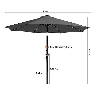 9ft Black Patio Market Umbrella with LED Lights and Push-Button Tilt