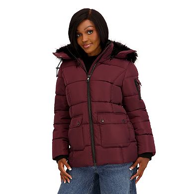 Juniors' madden girl Puffer Coat With Detachable Faux Fur Trimmed Hood & Storm Cuffs