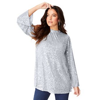 Roaman's Women's Plus Size Sequin Mock Neck Blouse