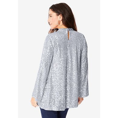 Roaman's Women's Plus Size Sequin Mock Neck Blouse